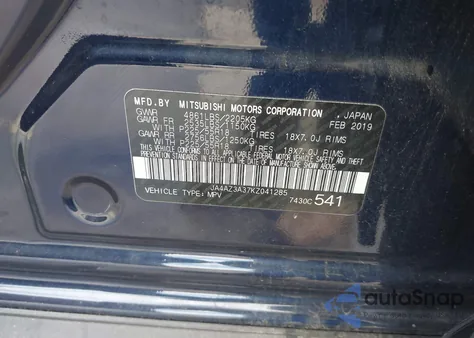 2019 Mitsubishi Outlander Se z USA, uszkodzony, nr VIN JA4AZ3A37KZ041285